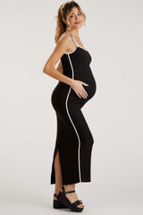 Black Leather Trim Back Slit Maternity Maxi Dress