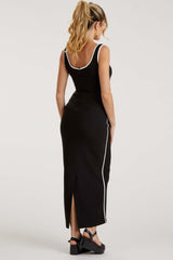 Black Leather Trim Back Slit Maternity Maxi Dress