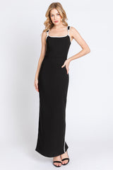 Black Leather Trim Back Slit Maxi Dress