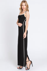 Black Leather Trim Back Slit Maxi Dress