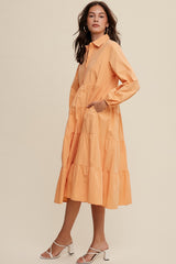 Peach Tiered Collared Midi Dress