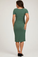 Light Olive Ribbed Front Button Accent Short Sleeve Maternity Midi Dress