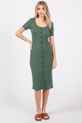 Light Olive Ribbed Front Button Accent Short Sleeve Maternity Midi Dress