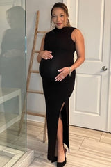 Black Asymmetrical Neck Side Slit Maternity Maxi Dress