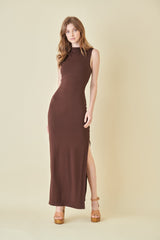 Brown Asymmetrical Neck Side Slit Maternity Maxi Dress