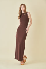 Brown Asymmetrical Neck Side Slit Maxi Dress