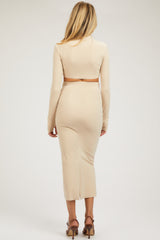 Beige Mock Neck Long Sleeve Crop Maternity Midi Skirt Set