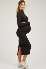 Black Mock Neck Long Sleeve Crop Maternity Midi Skirt Set