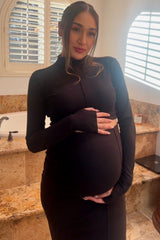 Black Mock Neck Long Sleeve Crop Maternity Midi Skirt Set