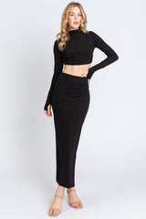 Black Mock Neck Long Sleeve Crop Midi Skirt Set