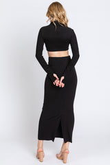 Black Mock Neck Long Sleeve Crop Midi Skirt Set