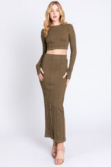 Olive Exposed Seams Top and Skirt Maternity Set