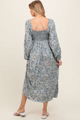 Light Blue Floral Paisley Long Sleeve Maternity Midi Dress