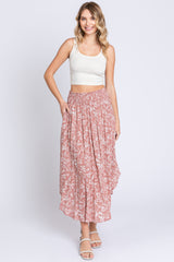 Mauve Floral Smocked Waist Maternity Midi Skirt