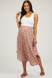 Mauve Floral Smocked Waist Maternity Midi Skirt