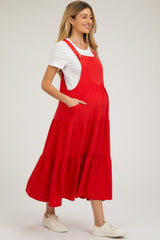 Red Button Sling Tiered Maternity Midi Dress