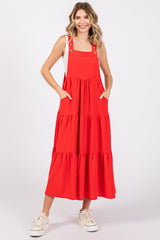 Red Button Sling Tiered Midi Dress