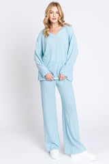 Light Blue Ribbed Soft Knit Long Sleeve Maternity Pajama Set