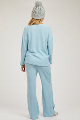 Light Blue Ribbed Soft Knit Long Sleeve Maternity Pajama Set