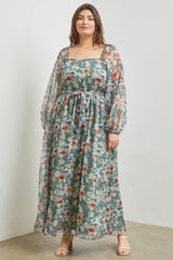 Light Olive Floral Long Sleeve Maternity Plus Maxi Dress