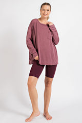 Burgundy Mineral Wash Front Pocket Long Sleeve Top