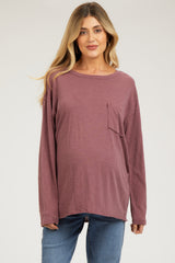 Burgundy Mineral Wash Front Pocket Long Sleeve Maternity Top