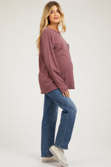 Burgundy Mineral Wash Front Pocket Long Sleeve Maternity Top