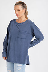 Navy Blue Mineral Wash Front Pocket Long Sleeve Maternity Top