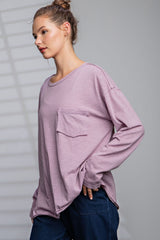 Mauve Mineral Wash Front Pocket Long Sleeve Top