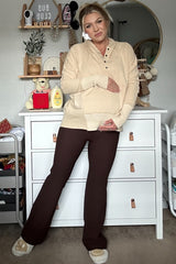 Brown Ribbed Maternity Flared Leggings