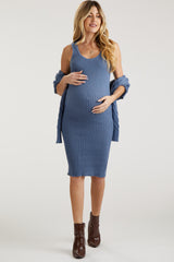 Light Blue Cable Knit Crop Sweater Maternity Dress Set