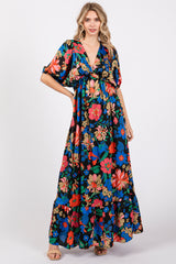 Black Floral Satin Deep V-Neck Puff Sleeve Maxi Dress