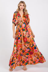 Orange Floral Satin Deep V-Neck Puff Sleeve Maxi Dress