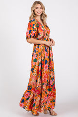 Orange Floral Satin Deep V-Neck Puff Sleeve Maxi Dress