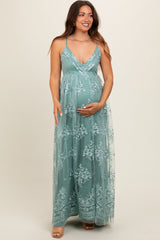 Mint Green Floral Lace Overlay Maternity Maxi Dress