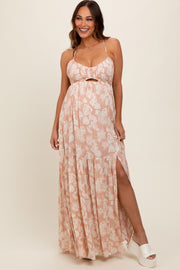 Light Pink Foral Front Cutout Open Cross Back Maternity Maxi Dress