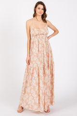 Light Pink Foral Front Cutout Open Cross Back Maxi Dress