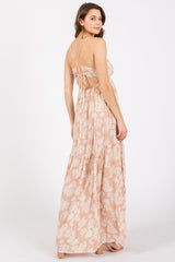 Light Pink Foral Front Cutout Open Cross Back Maxi Dress