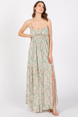 Light Olive Foral Front Cutout Open Cross Back Maternity Maxi Dress