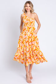 Orange Print Smocked One Shoulder Midi Dress