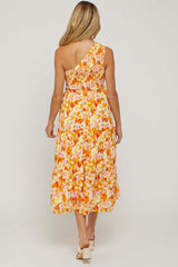 Orange Print Smocked One Shoulder Maternity Midi Dress