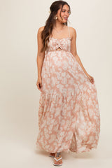 Light Pink Floral Sweetheart Smocked Front Cutout Maternity Maxi Dress