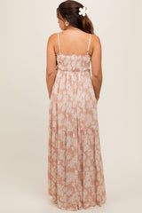 Light Pink Floral Sweetheart Smocked Front Cutout Maternity Maxi Dress