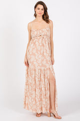 Light Pink Floral Sweetheart Smocked Front Cutout Maternity Maxi Dress