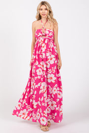 Fuchsia Floral Halter Neck Maxi Dress