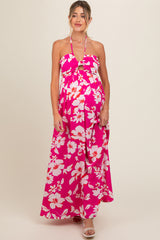 Fuchsia Floral Halter Neck Maternity Maxi Dress