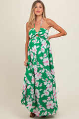 Green Floral Halter Neck Maternity Maxi Dress