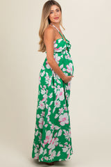 Green Floral Halter Neck Maternity Maxi Dress