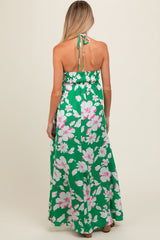 Green Floral Halter Neck Maternity Maxi Dress