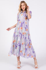 Lavender Floral Button Front Short Sleeve Tiered Midi Dress